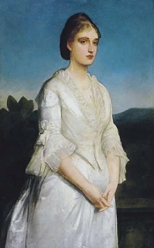 Ritratto della signora S. Dickinson, in piedi a tre quarti di figura, con abito bianco, in un paesaggio